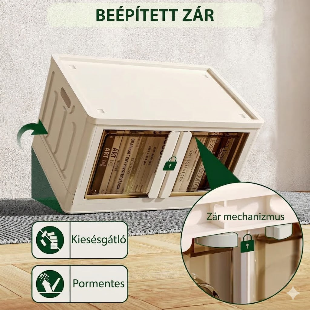 Tárolódobozok fedéllel és átlátszó ajtóval, összecsukható műanyag