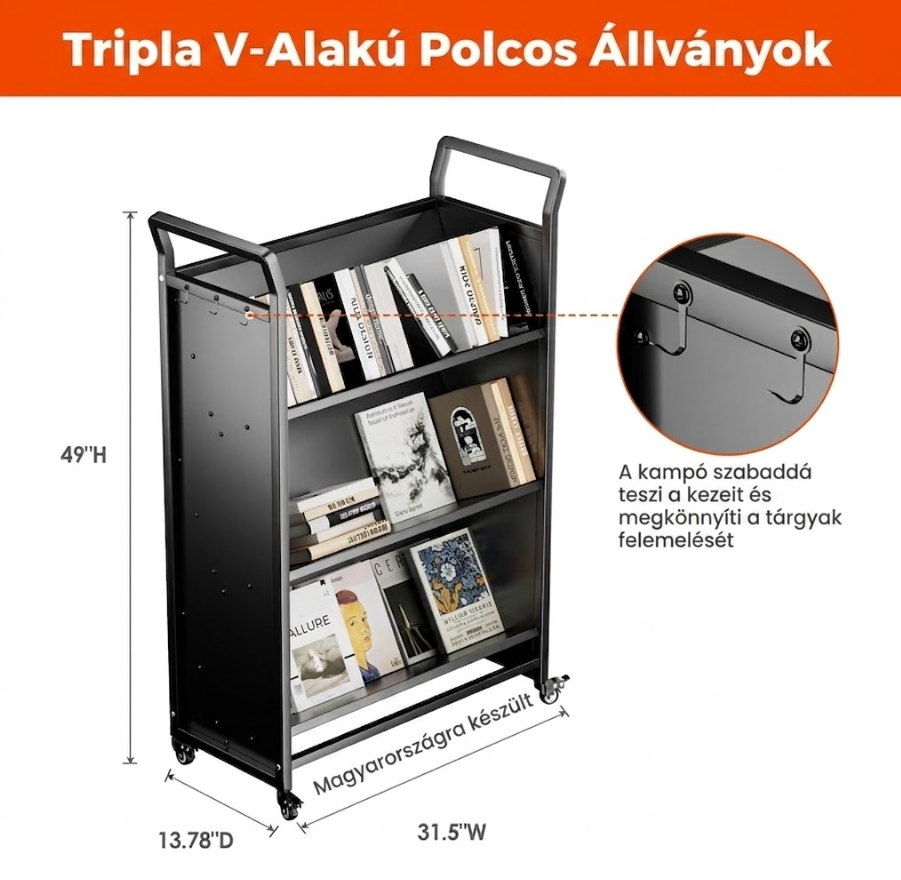 Könyvtároló szekrény kerekekkel - három szintes