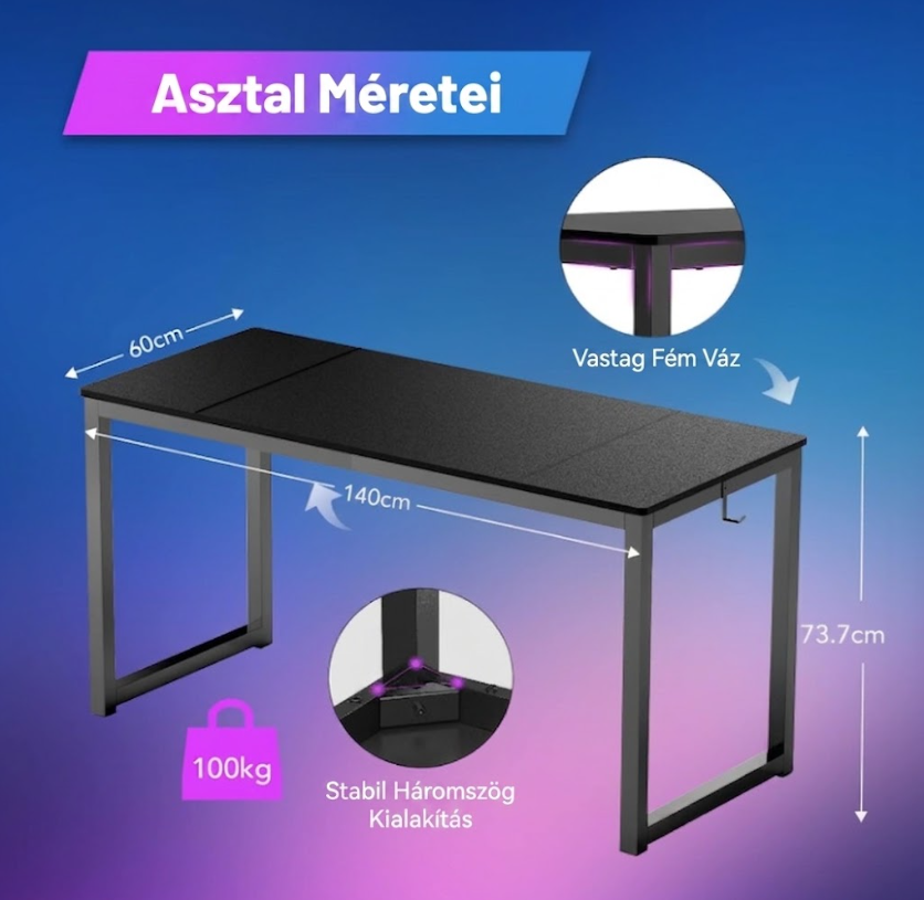 FD1-5542 Ergonómikus Számítógép- és Gaming Asztal Fejhallgató Tartóval (140 x 60 x 75 cm)