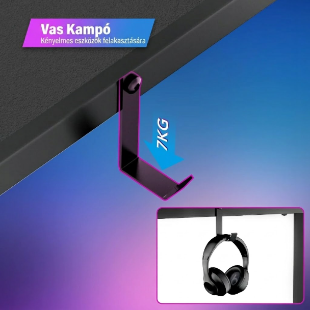FD1-5542 Ergonómikus Számítógép- és Gaming Asztal Fejhallgató Tartóval (140 x 60 x 75 cm)