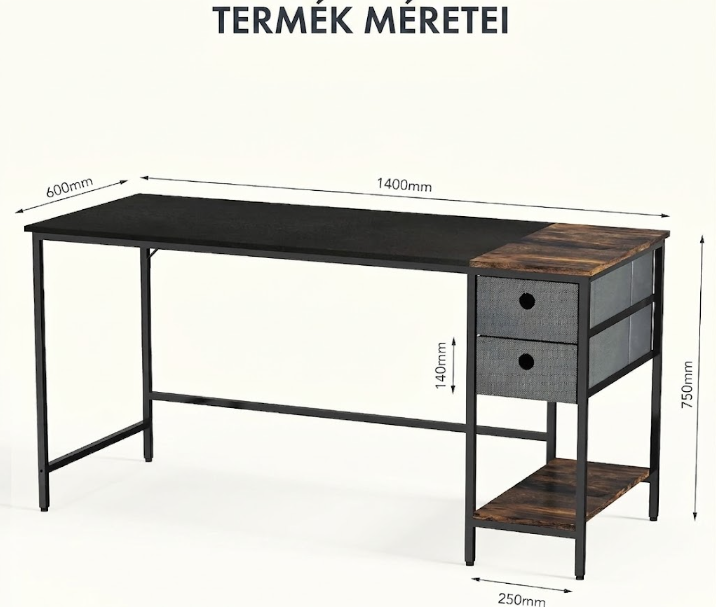 FD7 Számítógépasztal 140/160 x 60 x 75 cm, PC Asztal Fiókokkal és Tároló Polcokkal, Íróasztal Irodába és Nappaliba