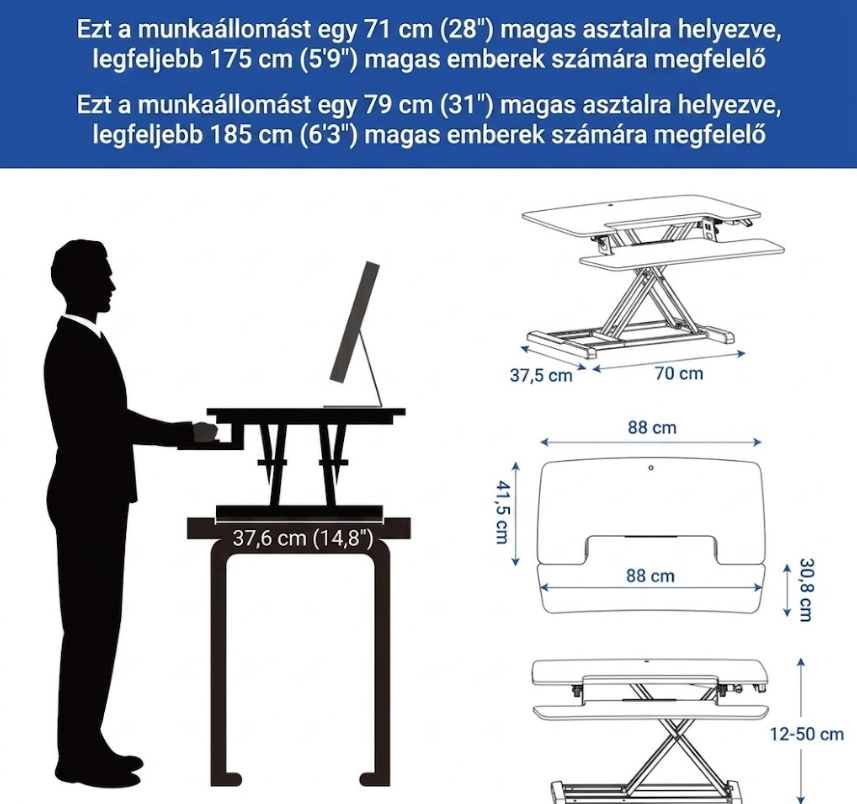M17MW állítható állóasztal-átalakító billentyűzettel, gázrugós, asztali munkaállomás két monitorhoz, 88 cm