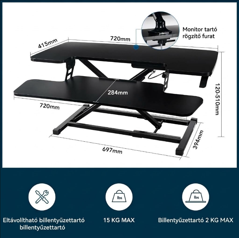 M9B Állóasztal-átalakító billentyűzettartóval, gázrugós, kétmonitoros asztali munkaállomás, 72 cm