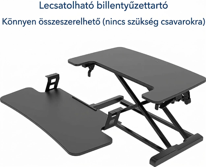 M9B Állóasztal-átalakító billentyűzettartóval, gázrugós, kétmonitoros asztali munkaállomás, 72 cm