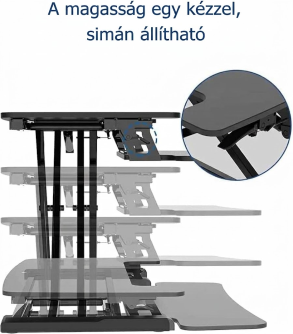 M9B Állóasztal-átalakító billentyűzettartóval, gázrugós, kétmonitoros asztali munkaállomás, 72 cm