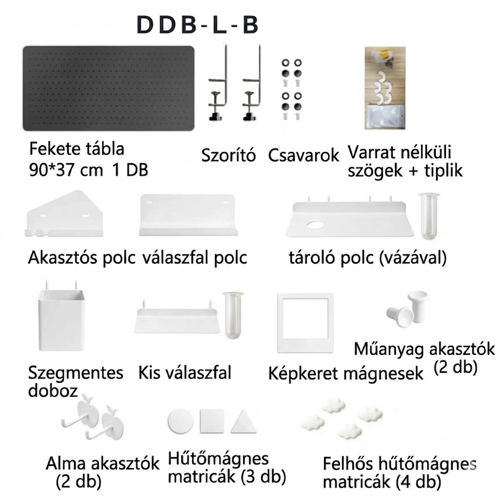 Lyukacsos Falitábla munkaasztalhoz DDB, Kampókkal és polcokkal