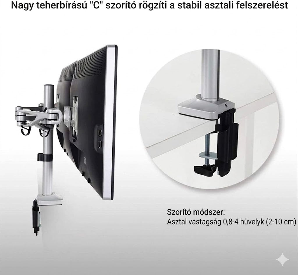 Állítható monitortartó állvány M13, kétkaros, 10"-27"-os LCD monitorokhoz, bilincsekkel rögzíthető, 8 kg teherbírás monitoronként