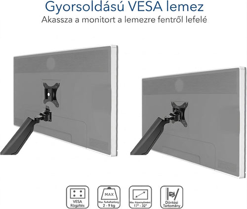 Állítható monitortartó S8D – csuklós kar, 17"-32" monitorhoz, VESA, 2-9 kg