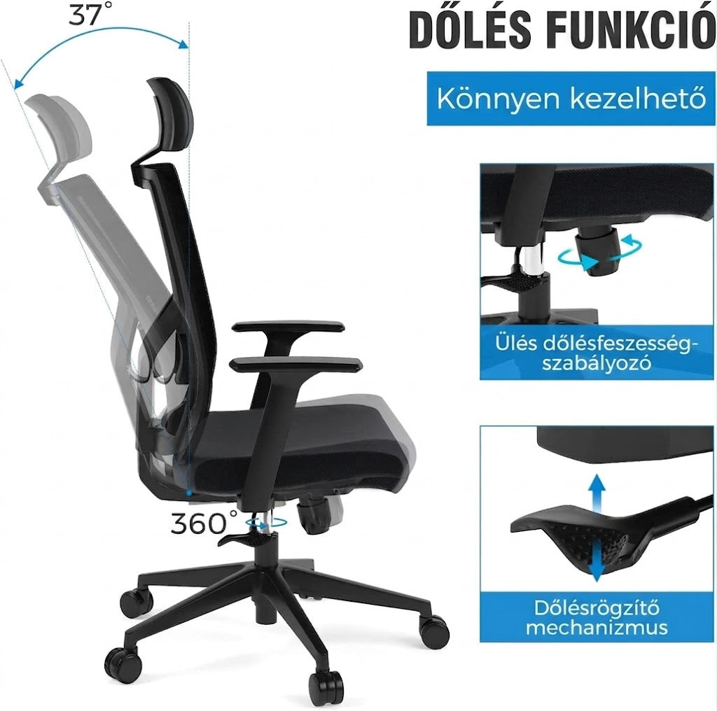 Ergonomikus irodai szék BS12, Lélegző szövet kárpit, hosszú üléshez tervezve
