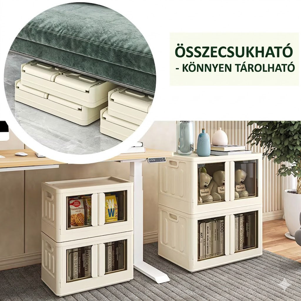 Tárolódobozok fedéllel és átlátszó ajtóval, összecsukható műanyag