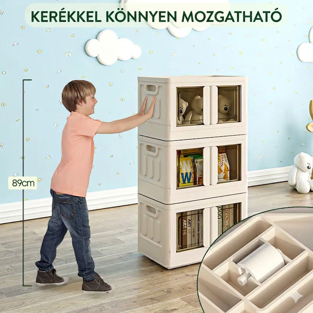 Tárolódobozok fedéllel és átlátszó ajtóval, összecsukható műanyag