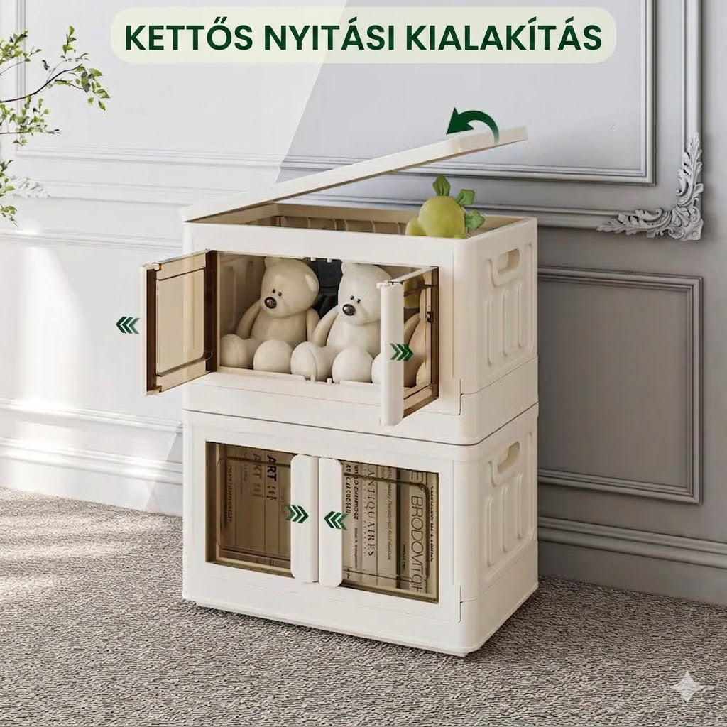 Tárolódobozok fedéllel és átlátszó ajtóval, összecsukható műanyag