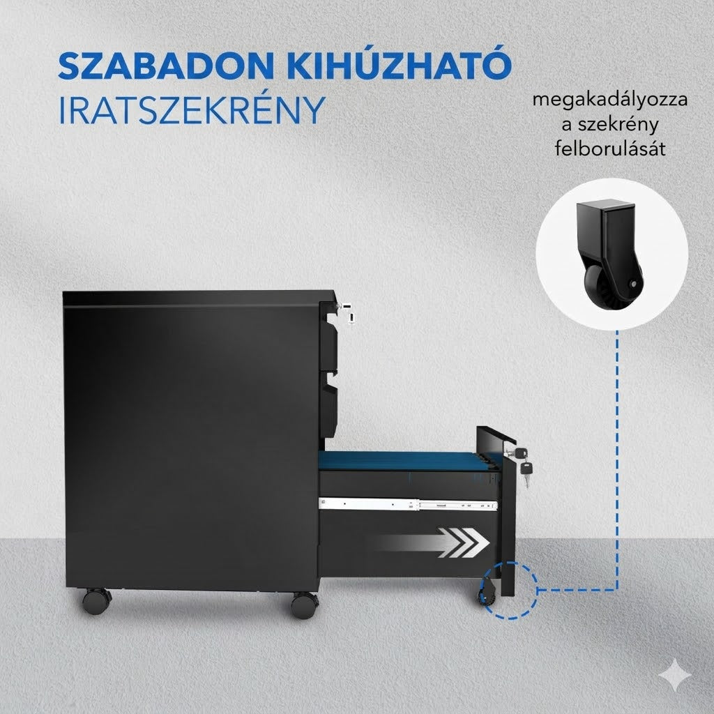 Fém mobil irattároló szekrény CB34 – 3 fiókos, zárható, görgős, irodai és otthoni használatra