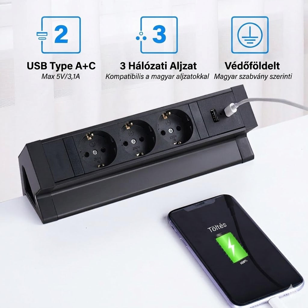 Asztali multialjzat 3 aljzattal és 2 integrált USB porttal (A+C típus) és 2 rögzítőkonzollal