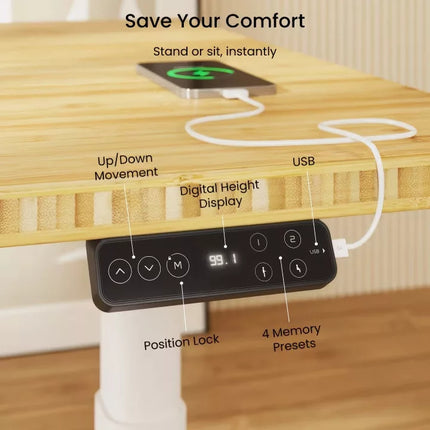 Elektromos Íróasztal ovális Láb E8, 60-125cm Állítható, Kétmotoros, 125 kg Teherbírás, LED érintőképernyő, 4 memóriahely, USB töltőport