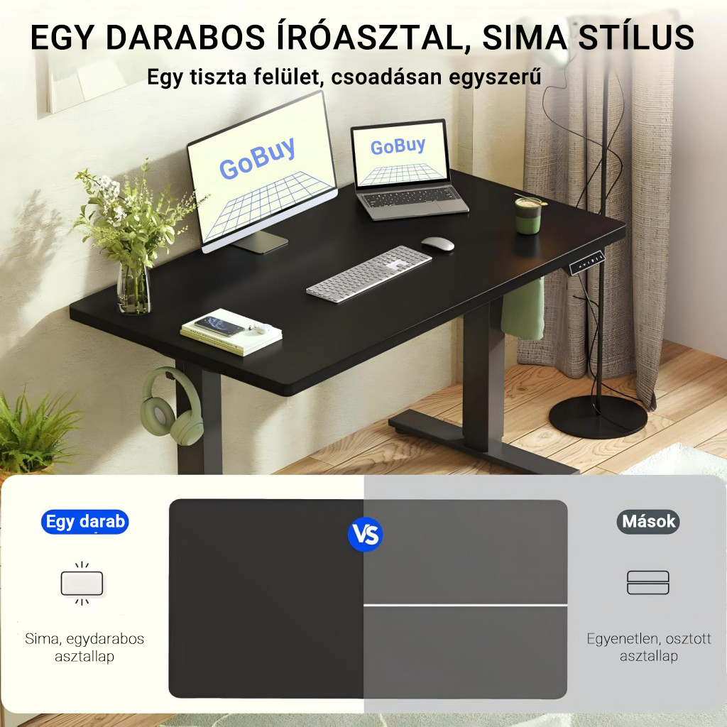 Kétmotoros elektromos íróasztal E1 Pro, Egyrészes asztallap, állítható magasság (70–120 cm), Memóriagombokkal