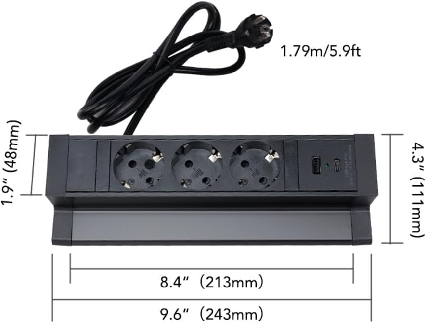 Asztali multialjzat 3 aljzattal és 2 integrált USB porttal (A+C típus) és 2 rögzítőkonzollal