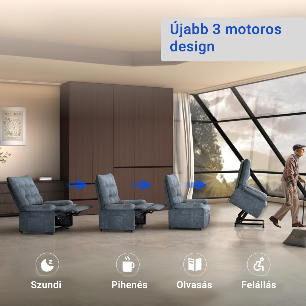 Elektromos felállást segítő relaxfotel XL1 – 3 motoros, fokozatmentesen állítható, oldalzsebbel
