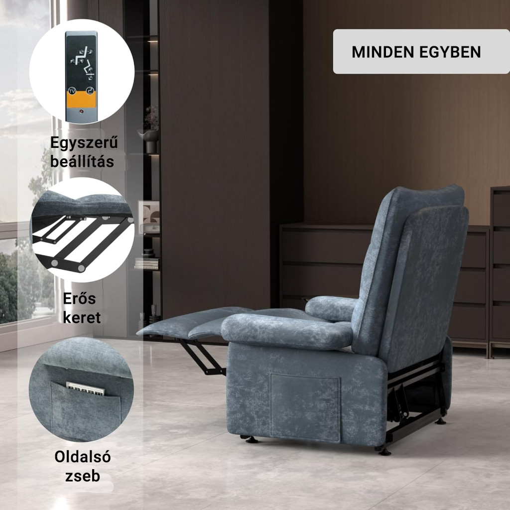 Elektromos felállást segítő relaxfotel XL1 – 3 motoros, fokozatmentesen állítható, oldalzsebbel