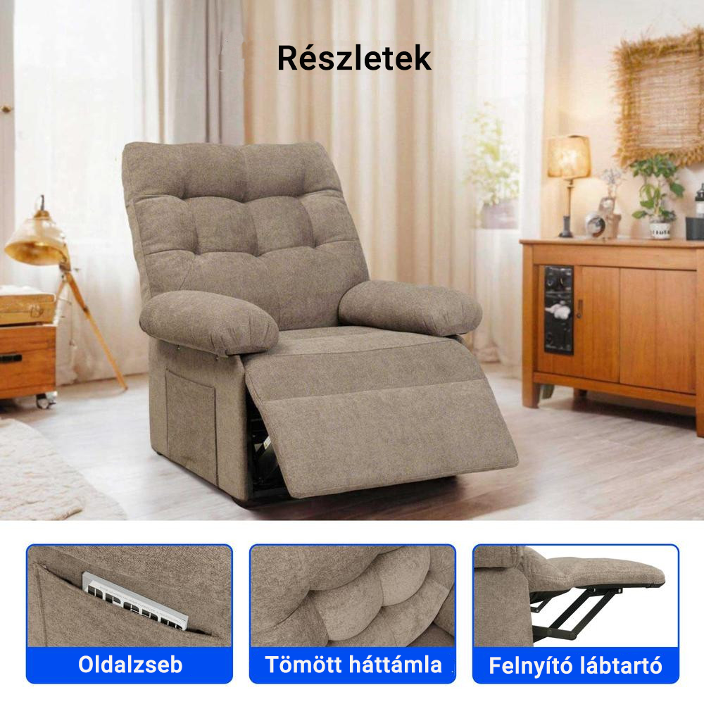 Elektromos felállást segítő relaxfotel XL1 – 3 motoros, fokozatmentesen állítható, oldalzsebbel