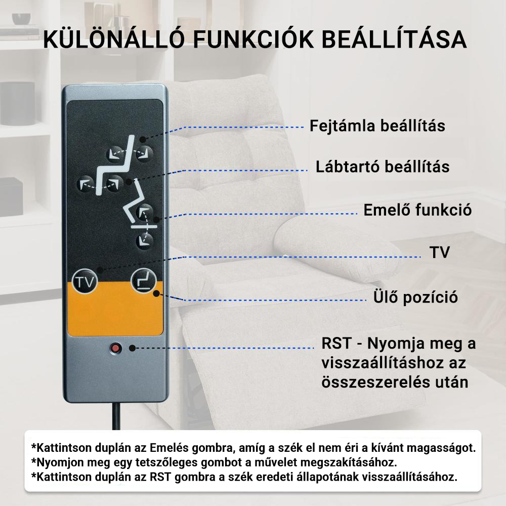 Elektromos felállást segítő relaxfotel XL1 – 3 motoros, fokozatmentesen állítható, oldalzsebbel