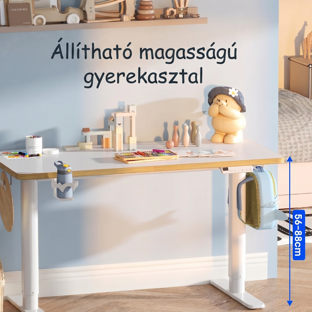 Elektromos gyermek tanulóasztal, SK1W, Állítható magasság,  Ergonomikus állóasztal gyerekeknek kampóval, Memóriagombokkal, 120 x 60 cm (fehér)