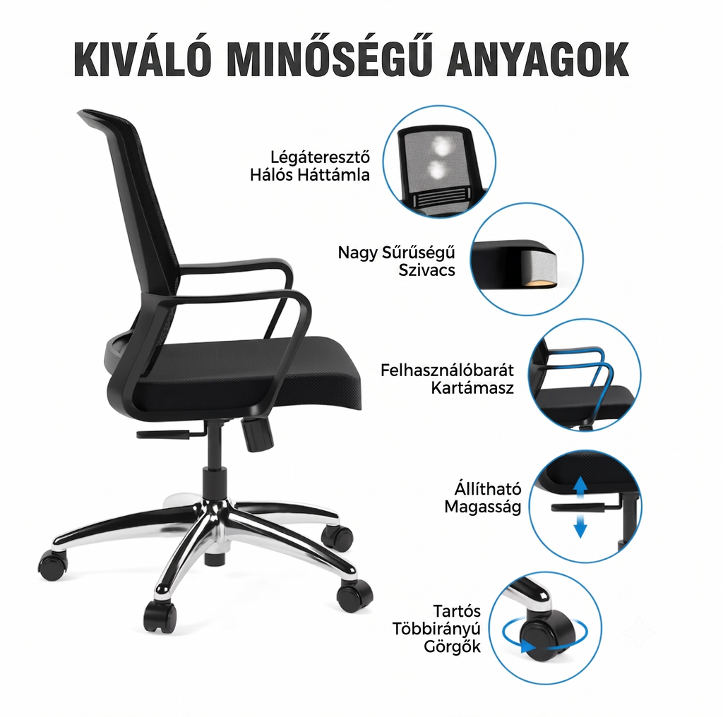 Ergonomikus irodai szék OC51, Hát-, gerinc- és deréktámasz, hintafunkcióval
