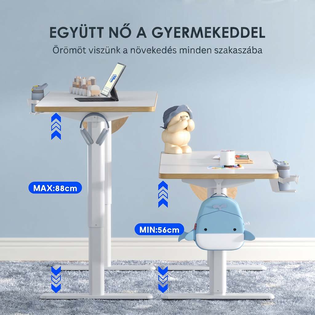 Elektromos gyermek tanulóasztal, SK1W, Állítható magasság,  Ergonomikus állóasztal gyerekeknek kampóval, Memóriagombokkal, 120 x 60 cm (fehér)
