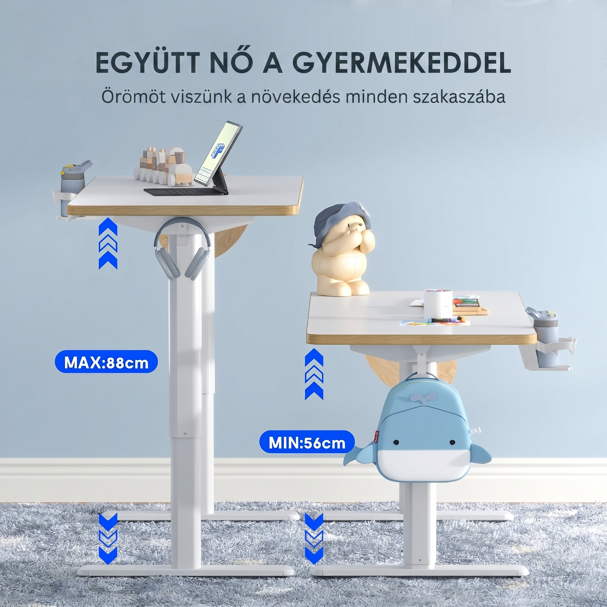 Elektromos gyermek tanulóasztal, SK1W, Állítható magasság,  Ergonomikus állóasztal gyerekeknek kampóval, Memóriagombokkal, 120 x 60 cm (fehér)