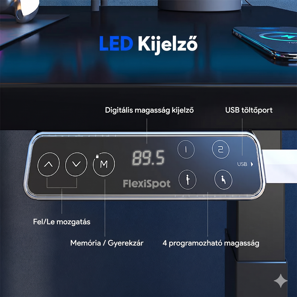 L-alakú hárommotoros állítható íróasztal E7L, 150 kg teherbírás, 63,5–128,5 cm magasságállítás, Jobb- és balkezes kialakításhoz is
