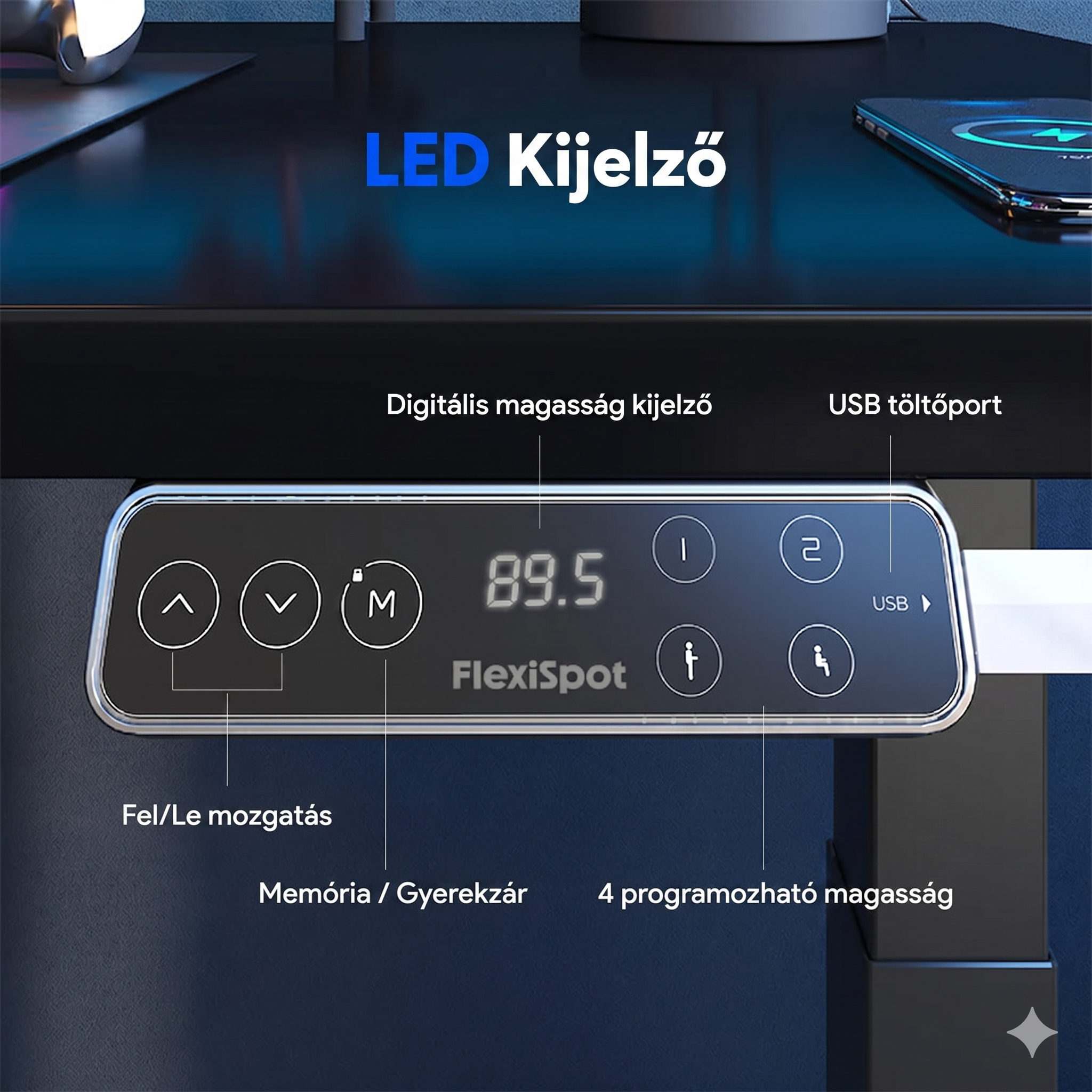 L-alakú hárommotoros állítható íróasztal E7L, 150 kg teherbírás, 63,5–128,5 cm magasságállítás, Jobb- és balkezes kialakításhoz is