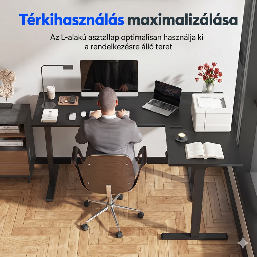 L-alakú hárommotoros állítható íróasztal E2L, 100kg teherbírás, 71-121cm magasságállítás, Jobb- és balkezes kialakításhoz is