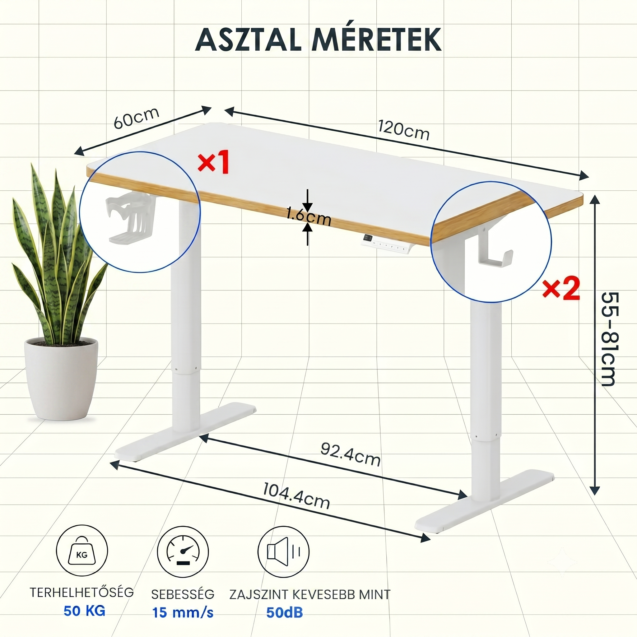 Elektromos gyermek tanulóasztal, SK1W, Állítható magasság,  Ergonomikus állóasztal gyerekeknek kampóval, Memóriagombokkal, 120 x 60 cm (fehér)