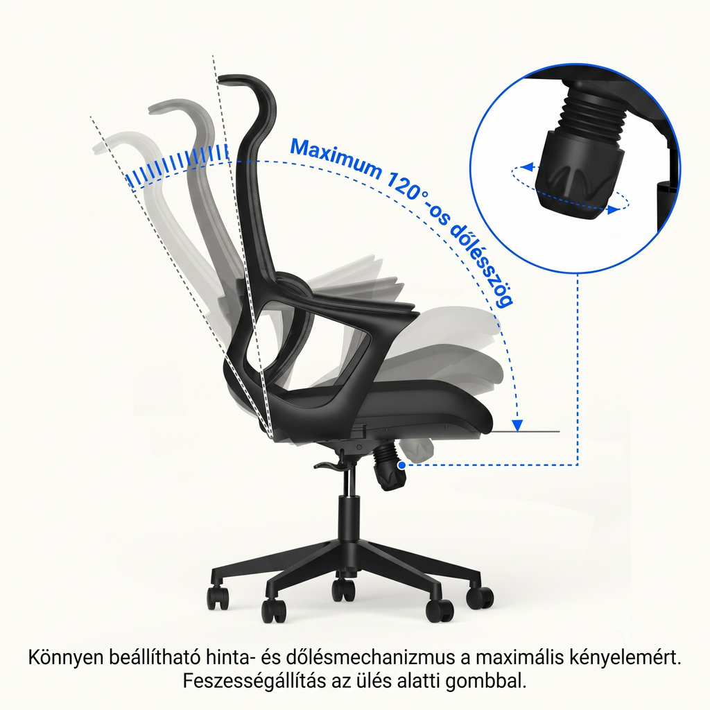 Ergonomikus irodai szék, íróasztali szék, OC16, stílusos, elasztomer hálós anyag, lélegző, deréktámasz, rögzítő funkció, állítható hintázás, állítható ülésmagasság, csendes görgők