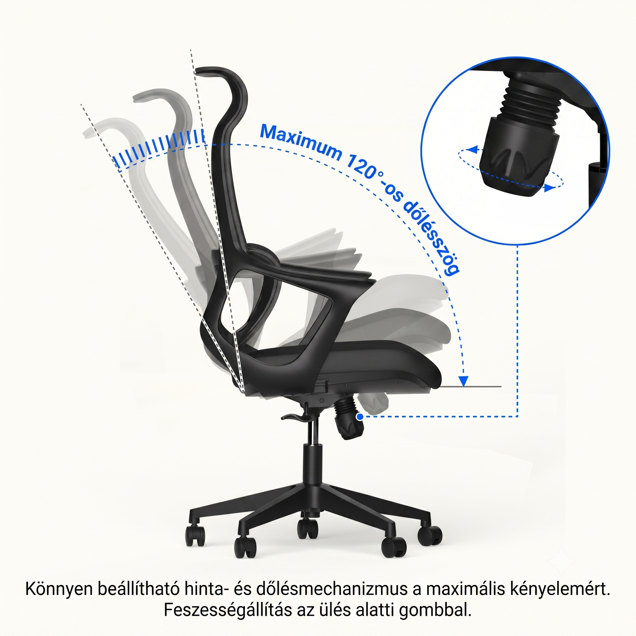 Ergonomikus irodai szék, íróasztali szék, OC16, stílusos, elasztomer hálós anyag, lélegző, deréktámasz, rögzítő funkció, állítható hintázás, állítható ülésmagasság, csendes görgők