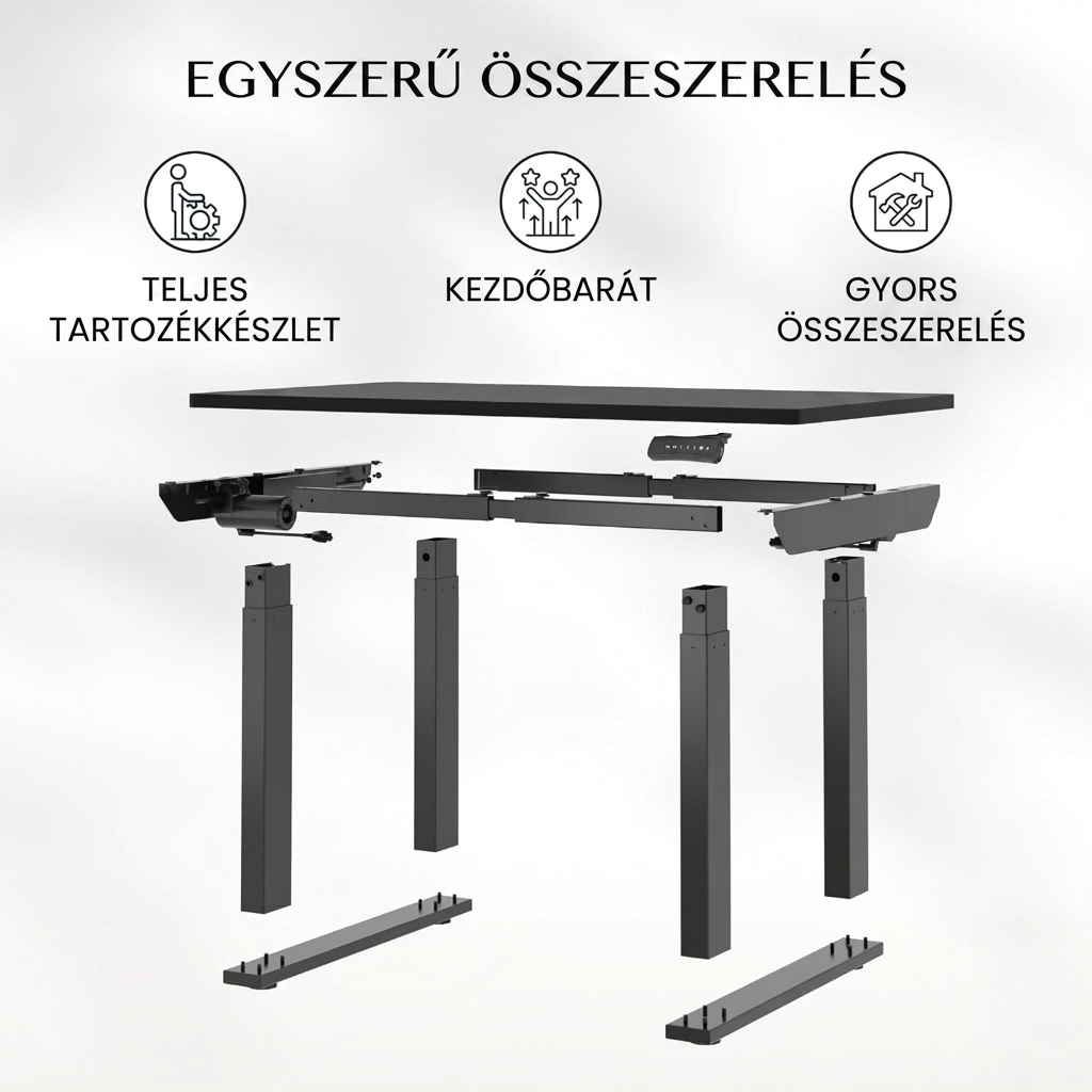 QS2 Kétmotoros elektromos állóasztal, 4 lábú, állítható magasságú, illesztett asztallappal
