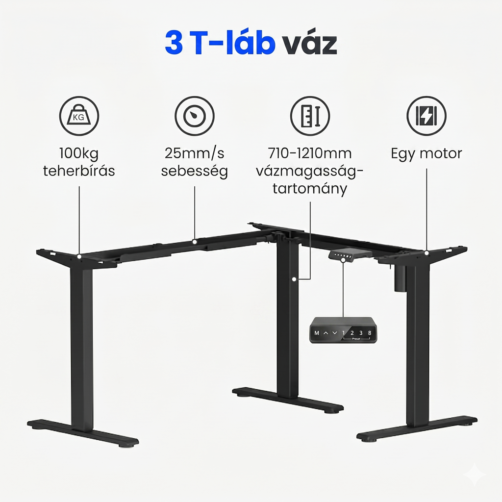 L-alakú hárommotoros állítható íróasztal E2L, 100kg teherbírás, 71-121cm magasságállítás, Jobb- és balkezes kialakításhoz is