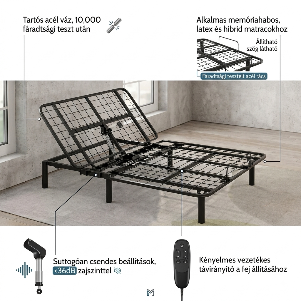 EB01 Elektromosan állítható fém ágykeret, 90 × 200 cm, 0–60° állítható fejrésszel, 3 magasságbeállítással (8/15/23 cm)