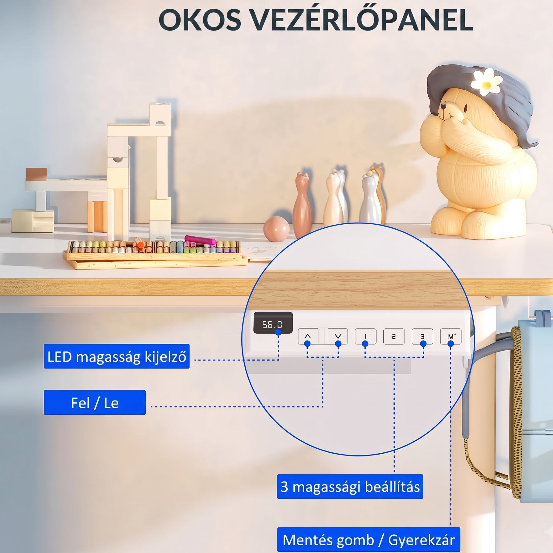 Elektromos gyermek tanulóasztal, SK1W, Állítható magasság,  Ergonomikus állóasztal gyerekeknek kampóval, Memóriagombokkal, 120 x 60 cm (fehér)