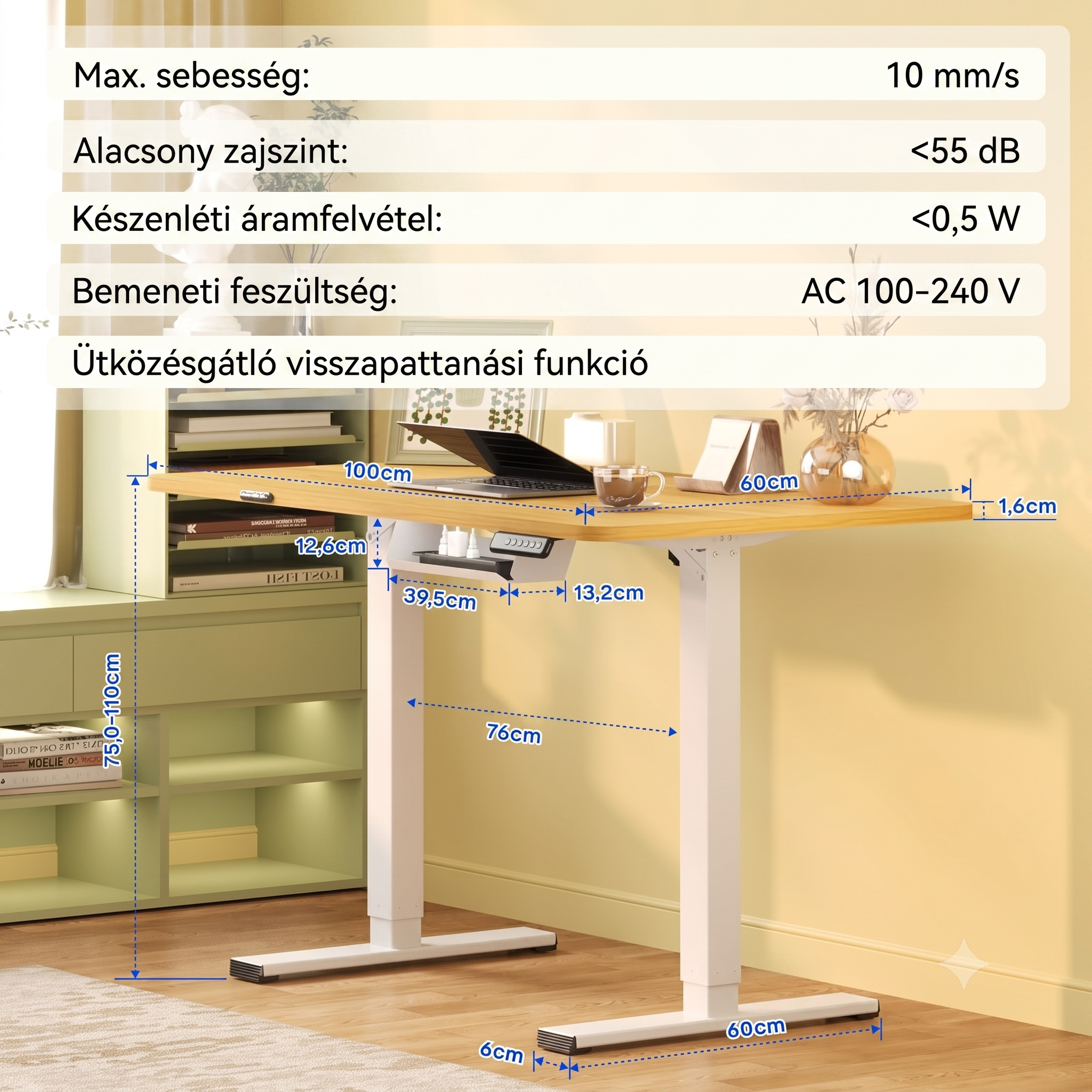 QN1 Basic elektromosan állítható magasságú íróasztal, 100 × 60 cm-es tömör asztallappal, 2 fokozatú magasságállítással.