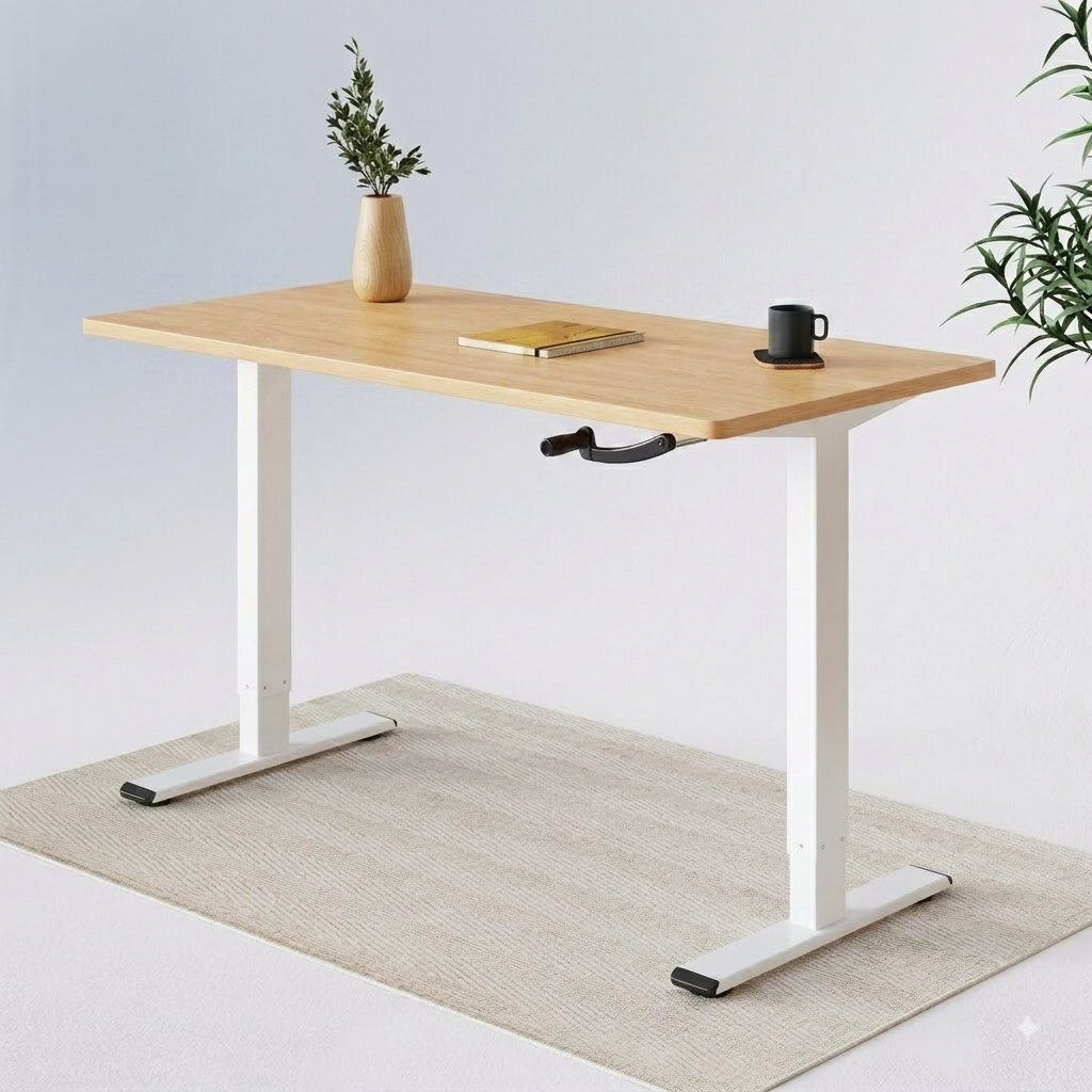 H1 Tekerőkaros Állítható Magasságú Íróasztal, 120×60cm Kétrészes asztallap, Összecsukható fogantyúval