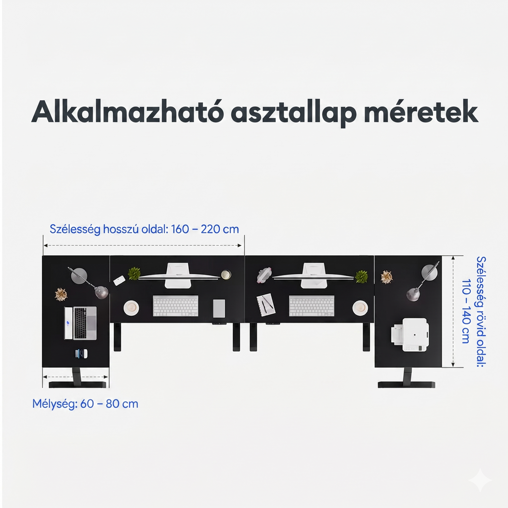 L-alakú hárommotoros állítható íróasztal E7L, 150 kg teherbírás, 63,5–128,5 cm magasságállítás, Jobb- és balkezes kialakításhoz is