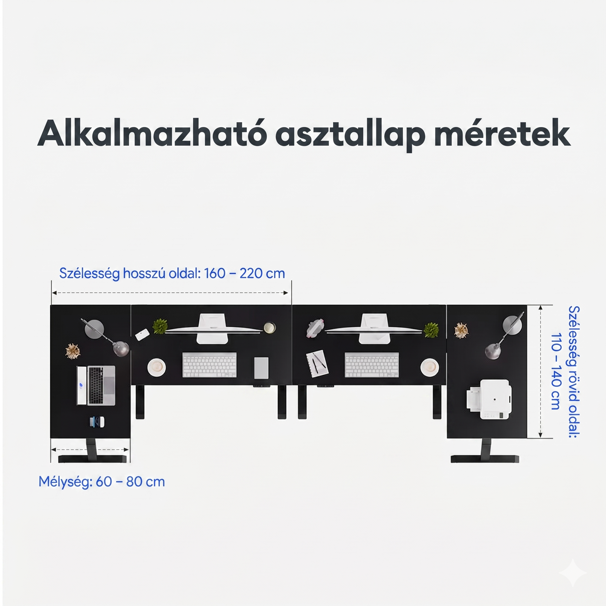 L-alakú hárommotoros állítható íróasztal E7L, 150 kg teherbírás, 63,5–128,5 cm magasságállítás, Jobb- és balkezes kialakításhoz is