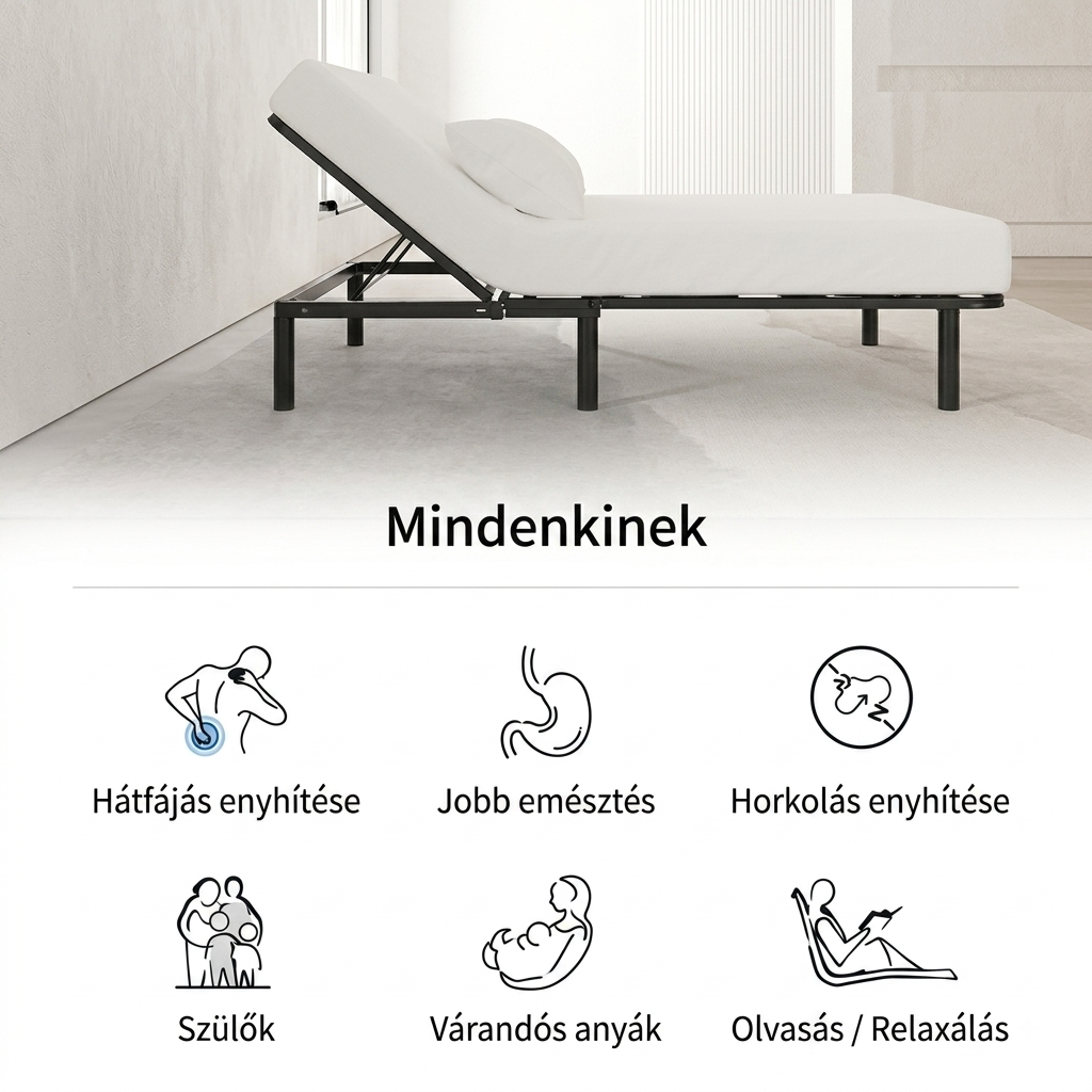EB01 Elektromosan állítható fém ágykeret, 90 × 200 cm, 0–60° állítható fejrésszel, 3 magasságbeállítással (8/15/23 cm)