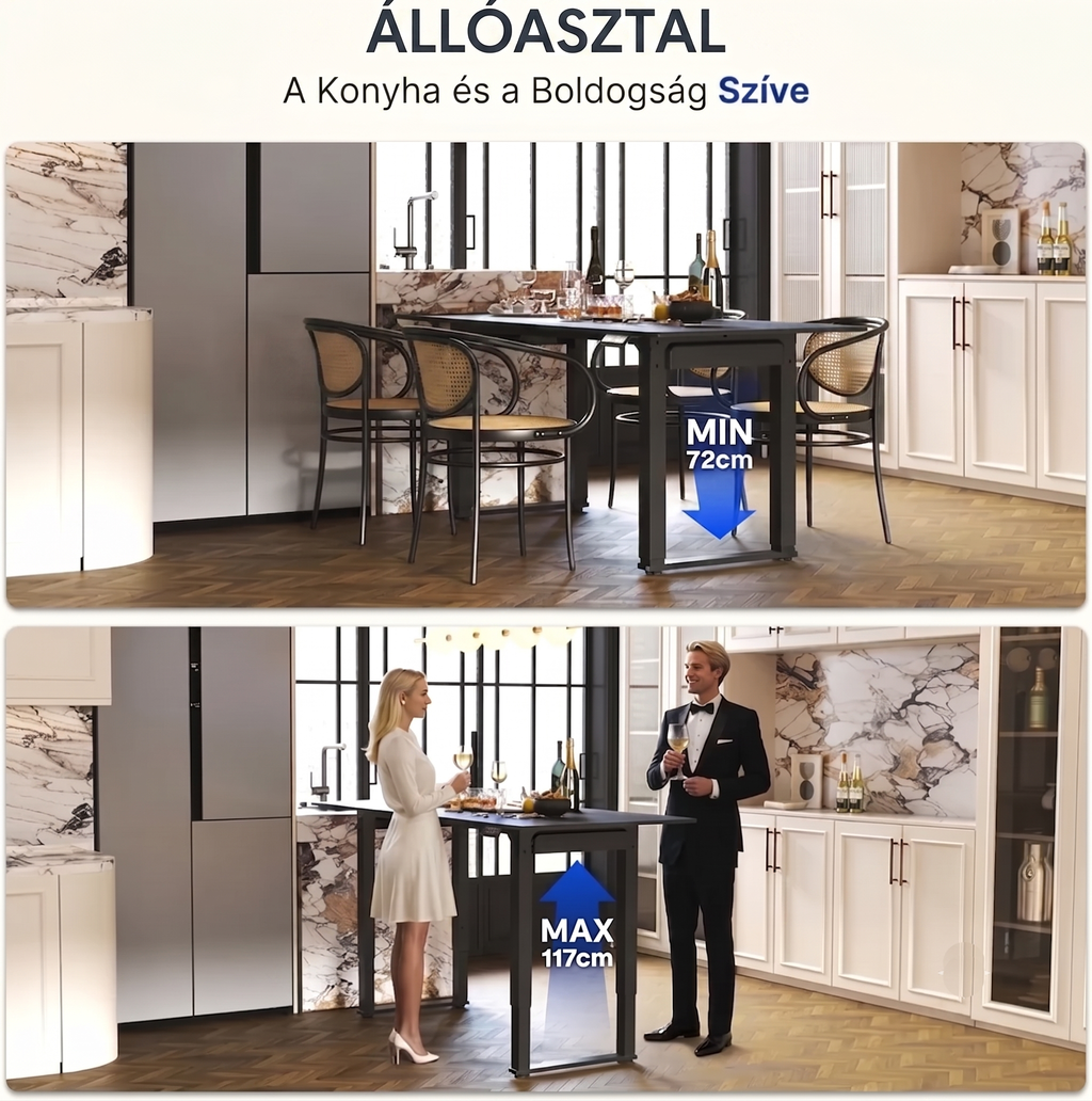 QS2 Kétmotoros elektromos állóasztal, 4 lábú, állítható magasságú, illesztett asztallappal
