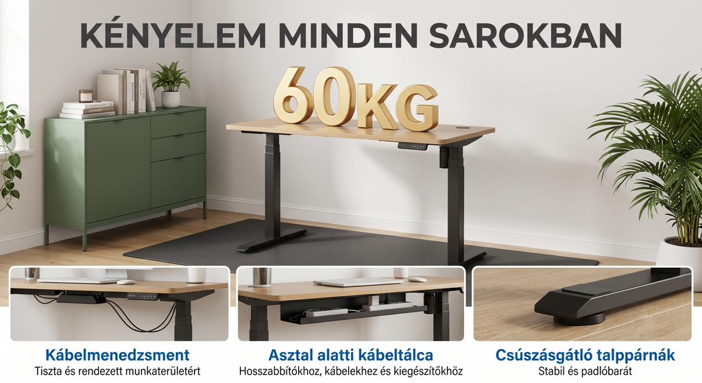 QN1 Basic elektromosan állítható magasságú íróasztal, 100 × 60 cm-es tömör asztallappal, 2 fokozatú magasságállítással.
