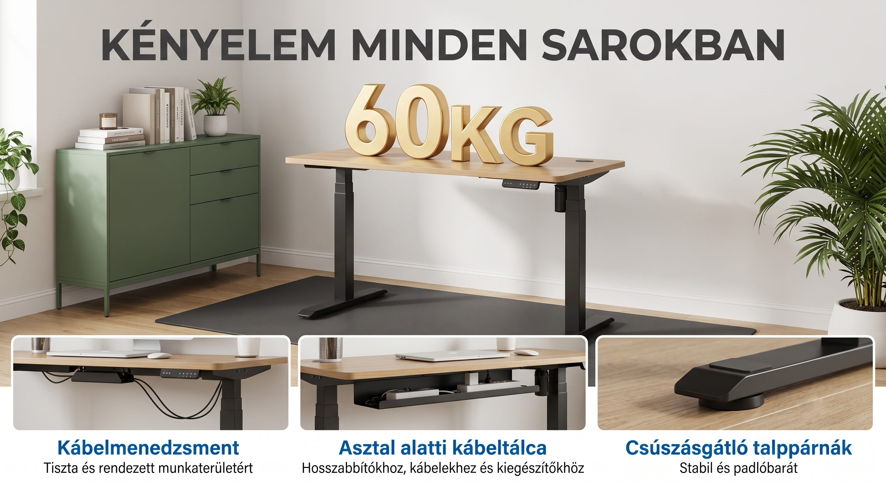 QN1 Basic elektromosan állítható magasságú íróasztal, 100 × 60 cm-es tömör asztallappal, 2 fokozatú magasságállítással.