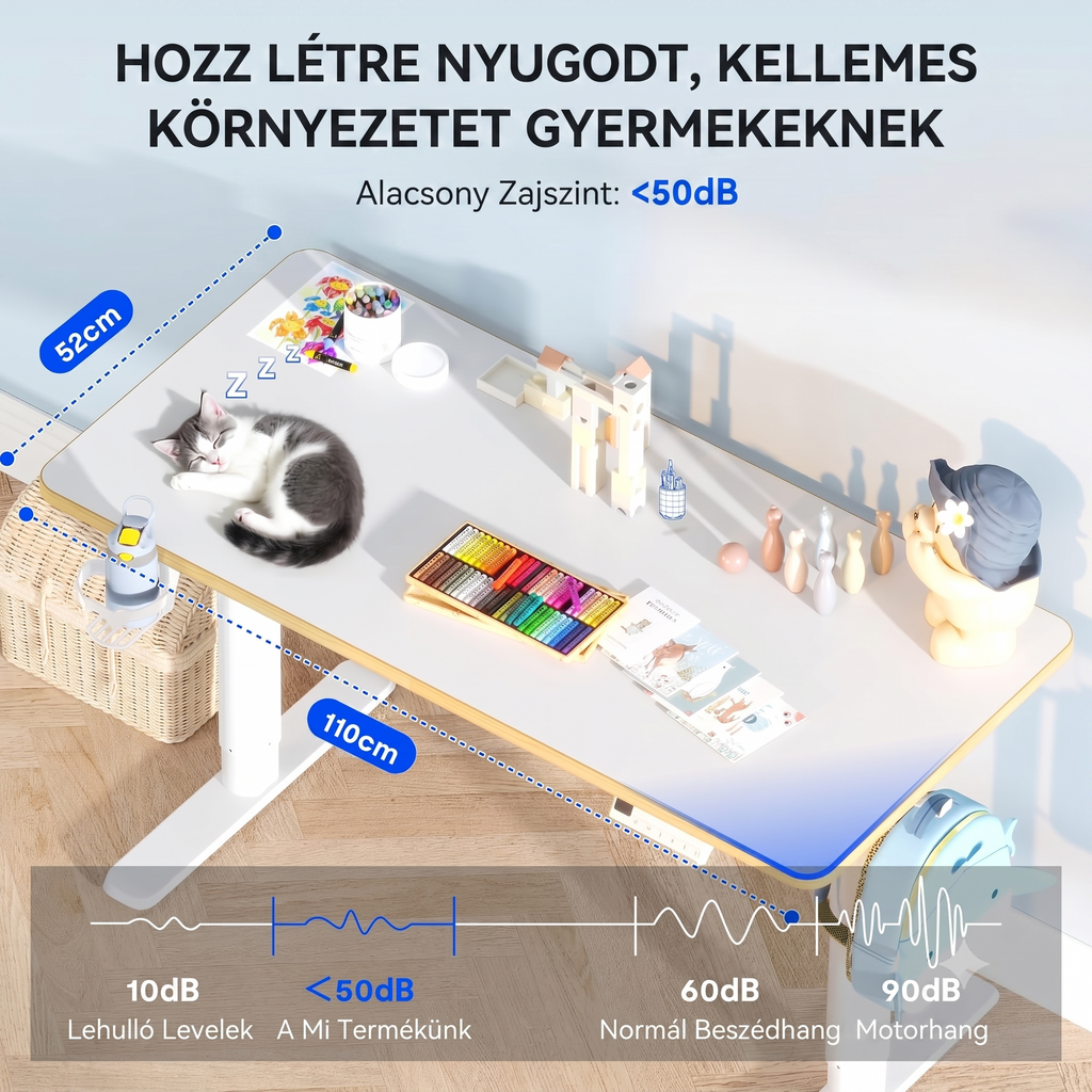 Elektromos gyermek tanulóasztal, SK1W, Állítható magasság,  Ergonomikus állóasztal gyerekeknek kampóval, Memóriagombokkal, 120 x 60 cm (fehér)