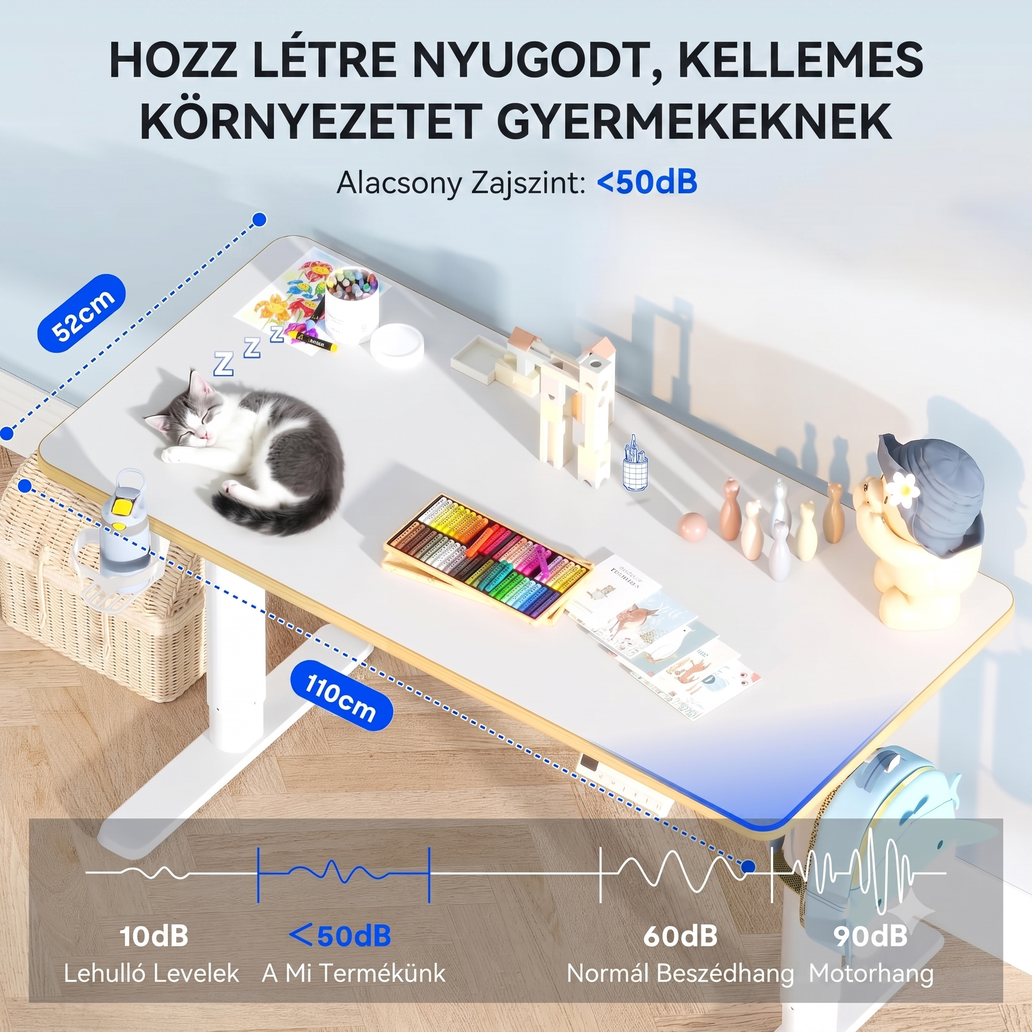 Elektromos gyermek tanulóasztal, SK1W, Állítható magasság,  Ergonomikus állóasztal gyerekeknek kampóval, Memóriagombokkal, 120 x 60 cm (fehér)