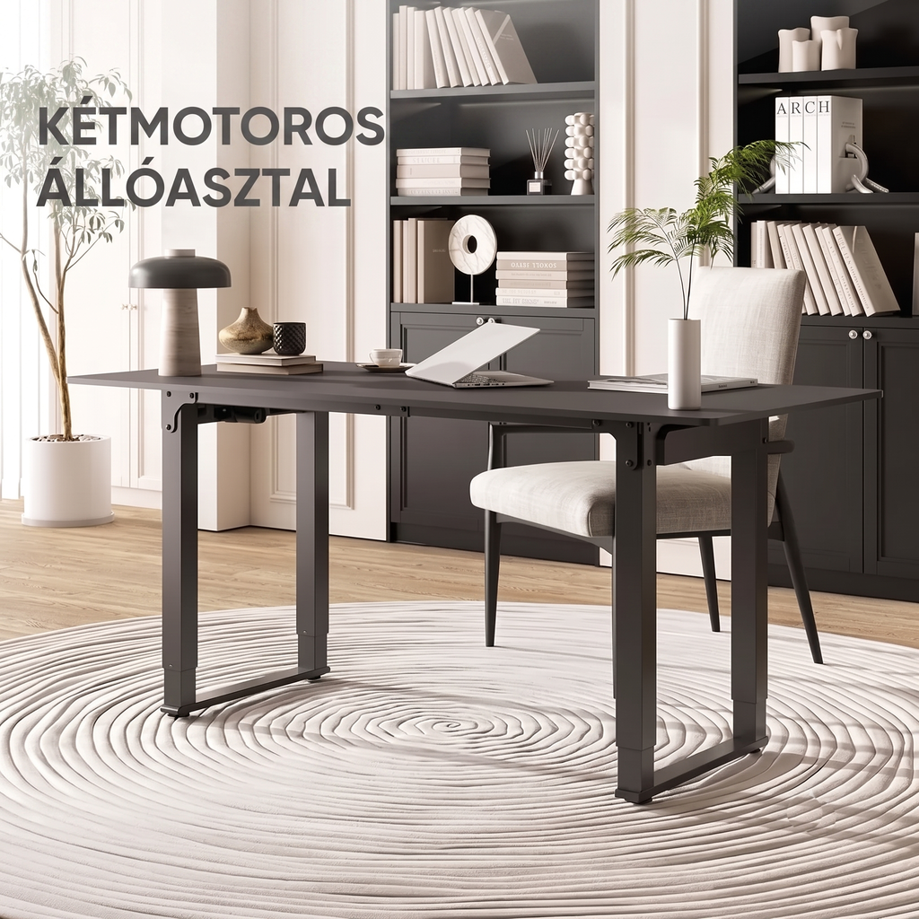 QS2 Kétmotoros elektromos állóasztal, 4 lábú, állítható magasságú, illesztett asztallappal